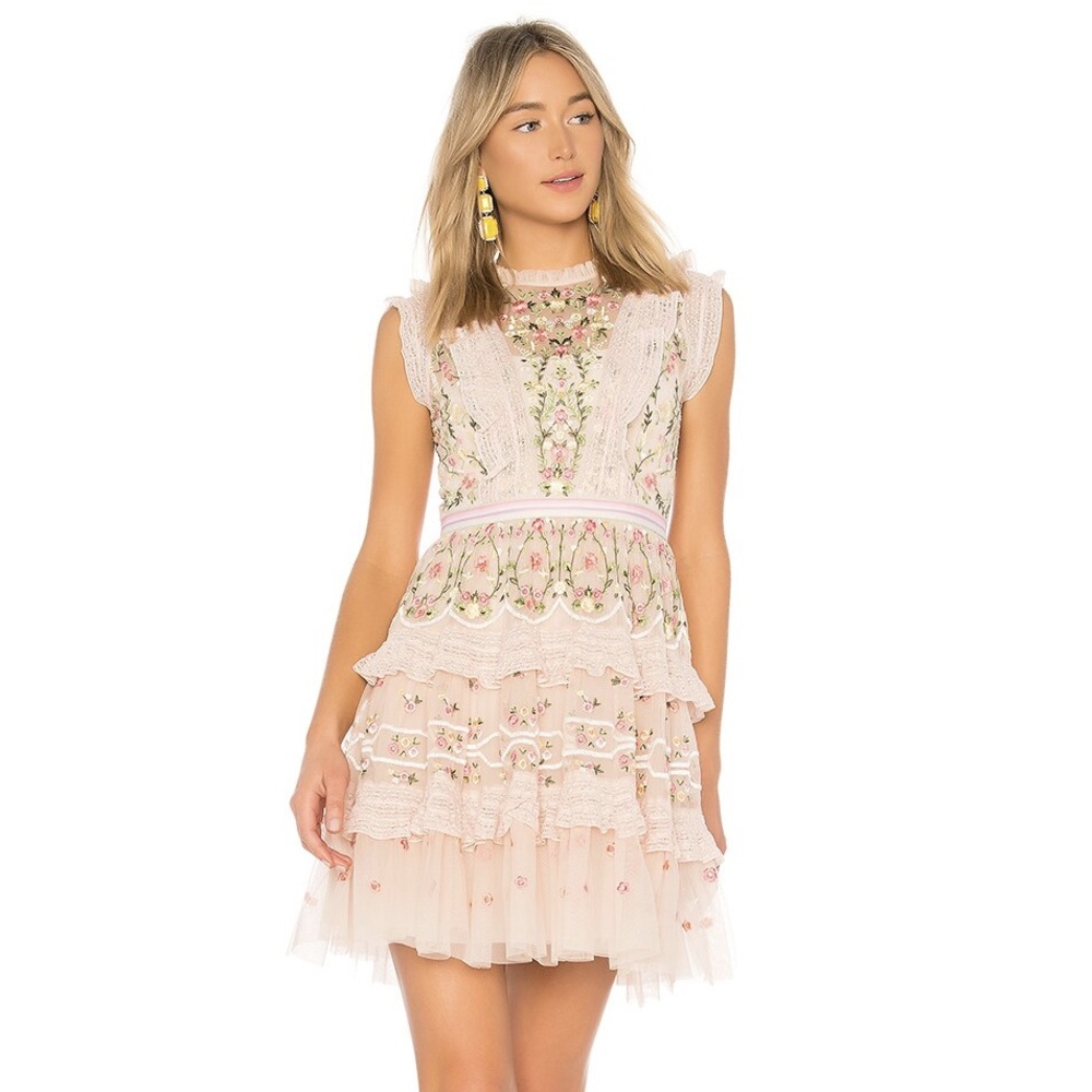 Needle & Thread Lattice Rose Mini Dress In Blush, Size 4